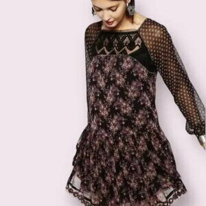 Free People Elsie Dress in Midnight Garden Black Chiffon Lace Sequins Size S